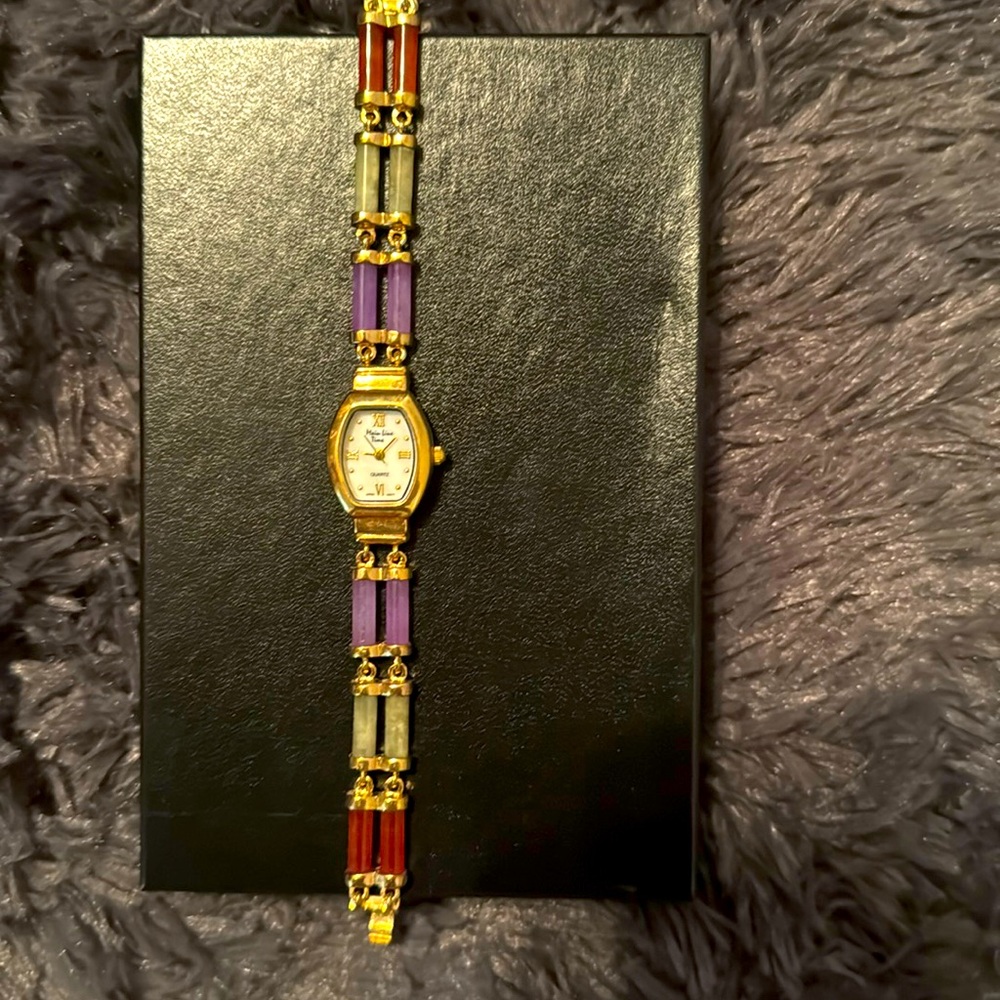 VTG MAIN LINE TIME Sterling Silver 925 MULTI JADE GEMSTONE Wrist Watch Gold